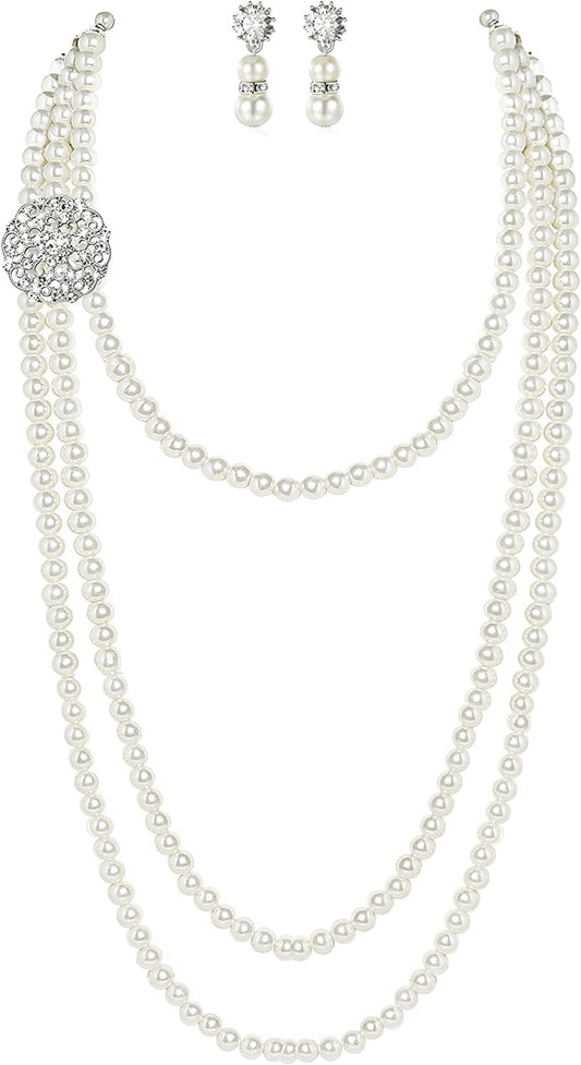 BABEYOND 1920S Gatsby Pearl Necklace Vintage Bridal Pearl Necklace Earrings Jewelry Set Multilayer Imitation Pearl Necklace with Brooch Style 1-White