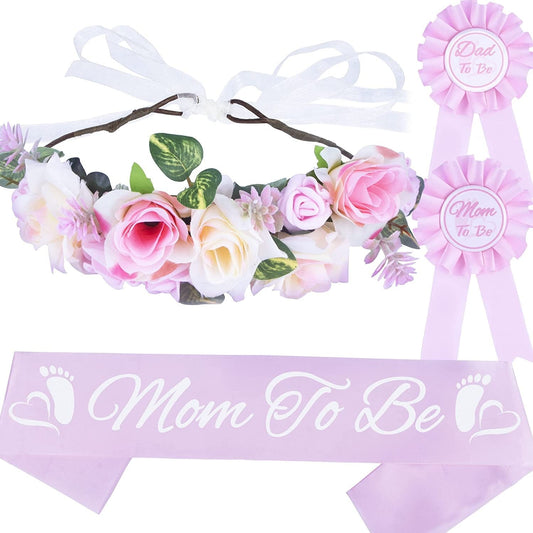 Baby Shower Decoration for Mom to Be and Dad to Be, Pink Flowers Style Tiara + White & Pink Sash + White & Pink "Dad to Be" Pin, Maternity Christmas Gift for Her Nd Him Apparel & Accessories > Clothing Accessories > Sashes VeryMerryMakering Pink  