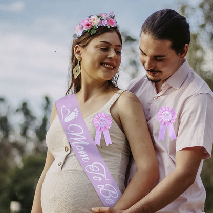 Baby Shower Decoration for Mom to Be and Dad to Be, Pink Flowers Style Tiara + White & Pink Sash + White & Pink "Dad to Be" Pin, Maternity Christmas Gift for Her Nd Him Apparel & Accessories > Clothing Accessories > Sashes VeryMerryMakering   