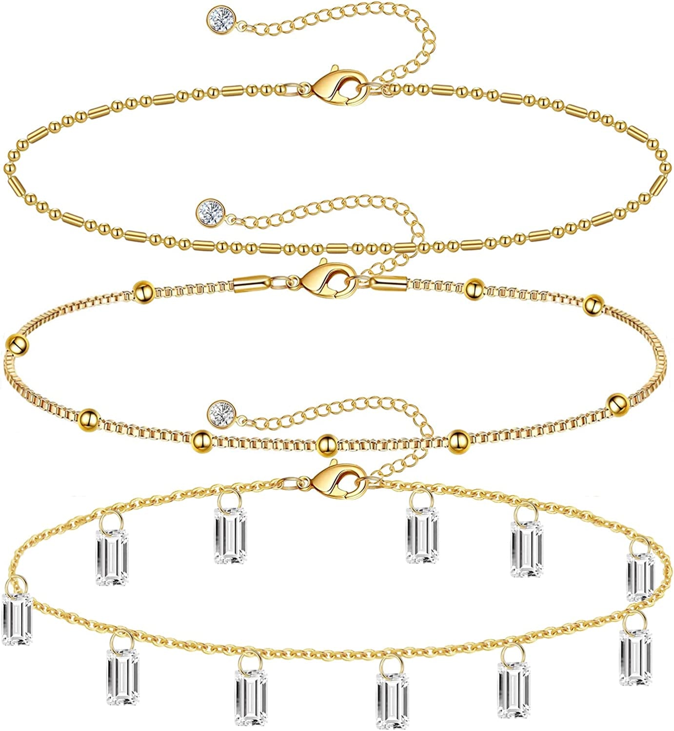 Gold Ankle Bracelets for Women 14K Gold Plated Anklet Silver Evil Eye Butterfly Star Rose Quartz Bead Box Paperclip Chain Dainty Layered Anklet Set 3Pcs Jewelry Gifts for Teen Girls Apparel & Accessories > Jewelry > Anklets Budding Gallery G-Yellow Gold-CZ  