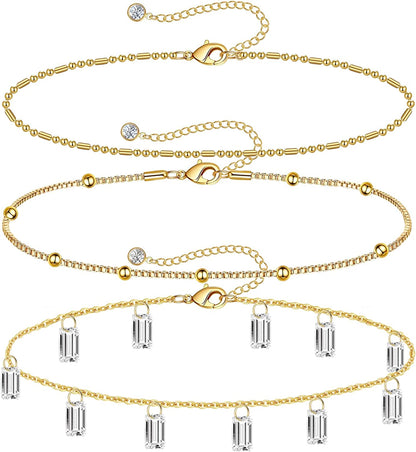 Gold Ankle Bracelets for Women 14K Gold Plated Anklet Silver Evil Eye Butterfly Star Rose Quartz Bead Box Paperclip Chain Dainty Layered Anklet Set 3Pcs Jewelry Gifts for Teen Girls Apparel & Accessories > Jewelry > Anklets Budding Gallery G-Yellow Gold-CZ  