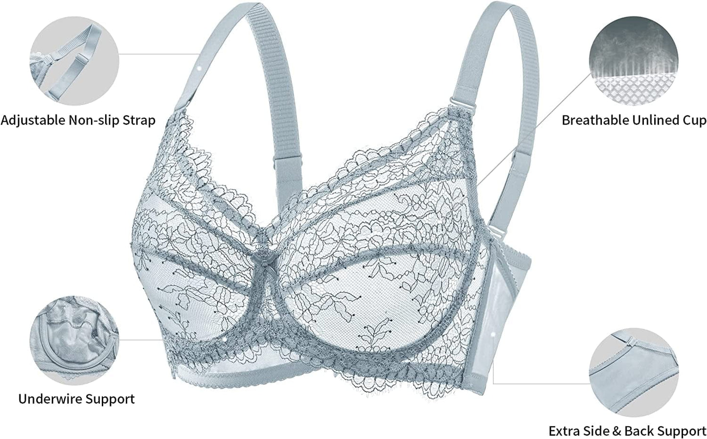 Baetty Lace Push up Bras for Women, Supportive Minimizer Bras for Women Full Coverage, Unlined Bras with Underwire (5121)