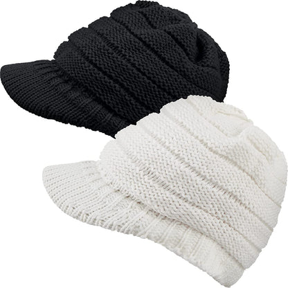 SATINIOR Women Winter Knit Hat Winter Brim Beanie Hats for Women Slouchy Beanie Cap with Visor Warm Newsboy Skull Cap Apparel & Accessories > Clothing Accessories > Hats SATINIOR Black, White 2 