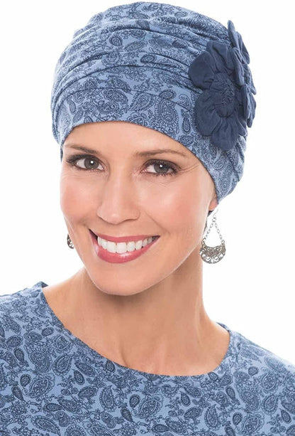 Cardani Flapper Turban - Vintage Flapper Hat in Soft Viscose from Bamboo Apparel & Accessories > Clothing Accessories > Headwear Cardani Denim Paisley W/ Navy One Size 