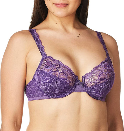 Bali Lace Desire Underwire Bra, Full-Coverage Lace Bra with Underwire Cups, Plunging Underwire Bra for Everyday Comfort Purple Vista / 42D