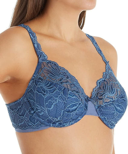 Bali Lace Desire Underwire Bra, Full-Coverage Lace Bra with Underwire Cups, Plunging Underwire Bra for Everyday Comfort Seabottom Blue / 40D