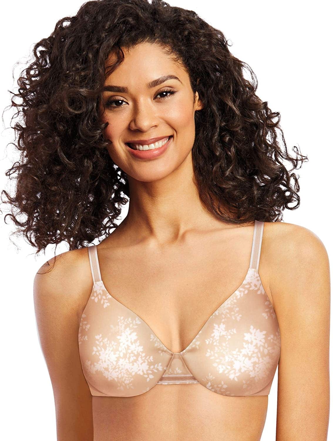 Bali One Smooth U Underwire Bra, Smoothing Shapewear Bra, Concealing Full-Coverage Bra with Front-To-Back Smoothing Sandshell/White Leaf Print / 36DD