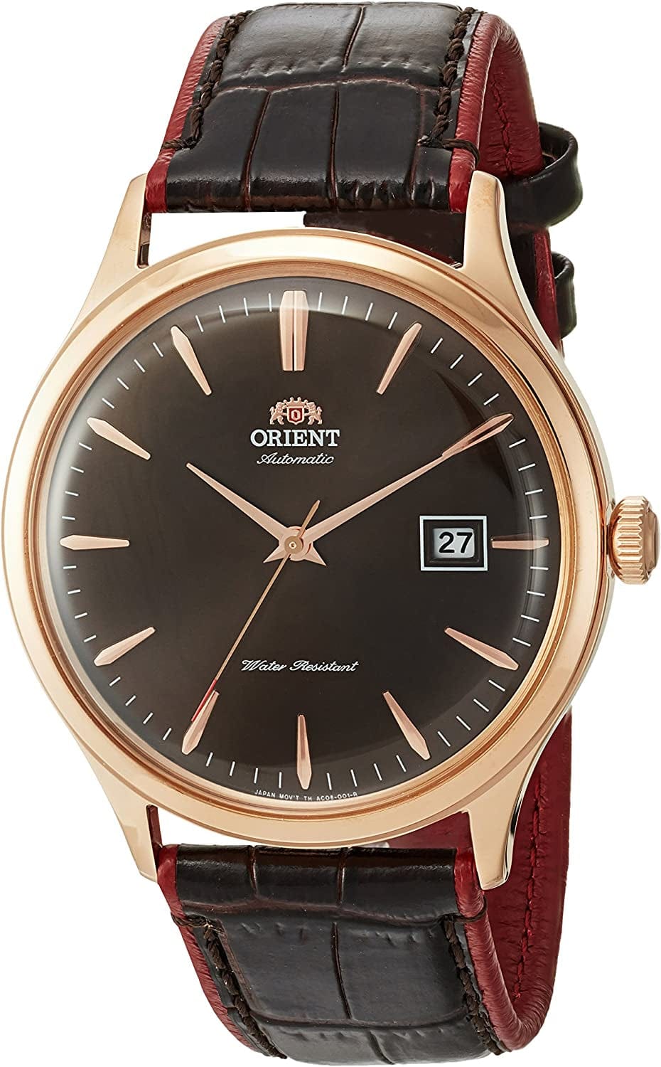 'Bambino Version IV' Japanese Automatic Stainless Steel and Leather Dress Watch Brown, Rose Gold Accents