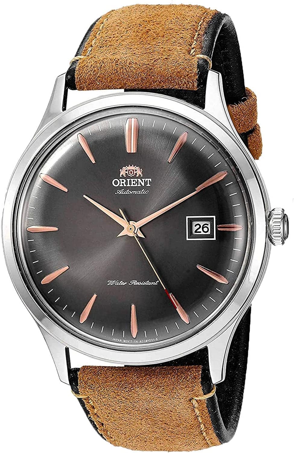 'Bambino Version IV' Japanese Automatic Stainless Steel and Leather Dress Watch Gray, Rose Gold Accents