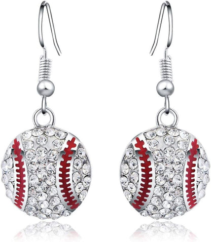 Baseball Pendant Necklace & Dangle Earrings Jewelry Set Sport Clear Crystal Fashion Jewelry (Silver Earrings+Necklace) Silver 2pair earrings