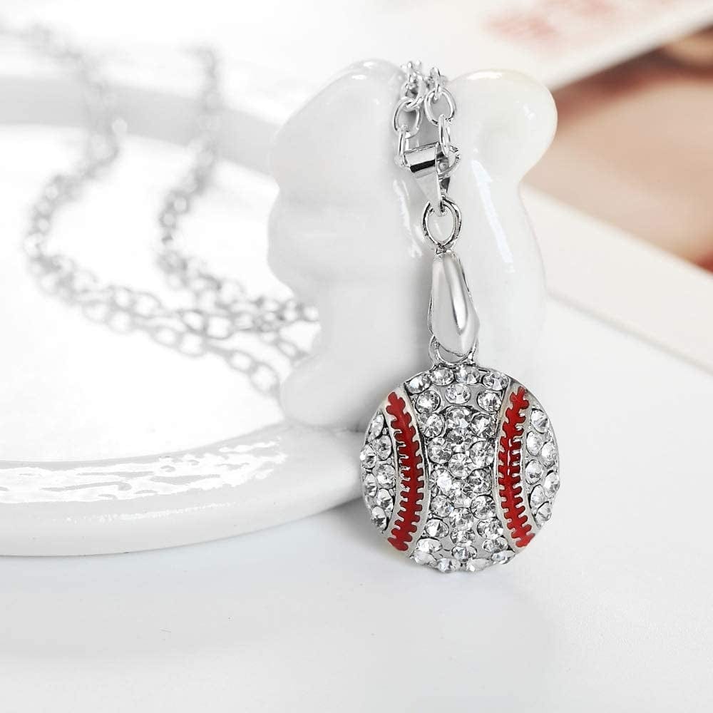 Baseball Pendant Necklace & Dangle Earrings Jewelry Set Sport Clear Crystal Fashion Jewelry (Silver Earrings+Necklace)