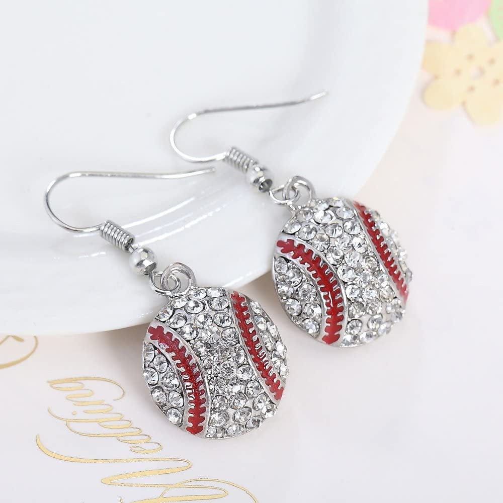 Baseball Pendant Necklace & Dangle Earrings Jewelry Set Sport Clear Crystal Fashion Jewelry (Silver Earrings+Necklace)