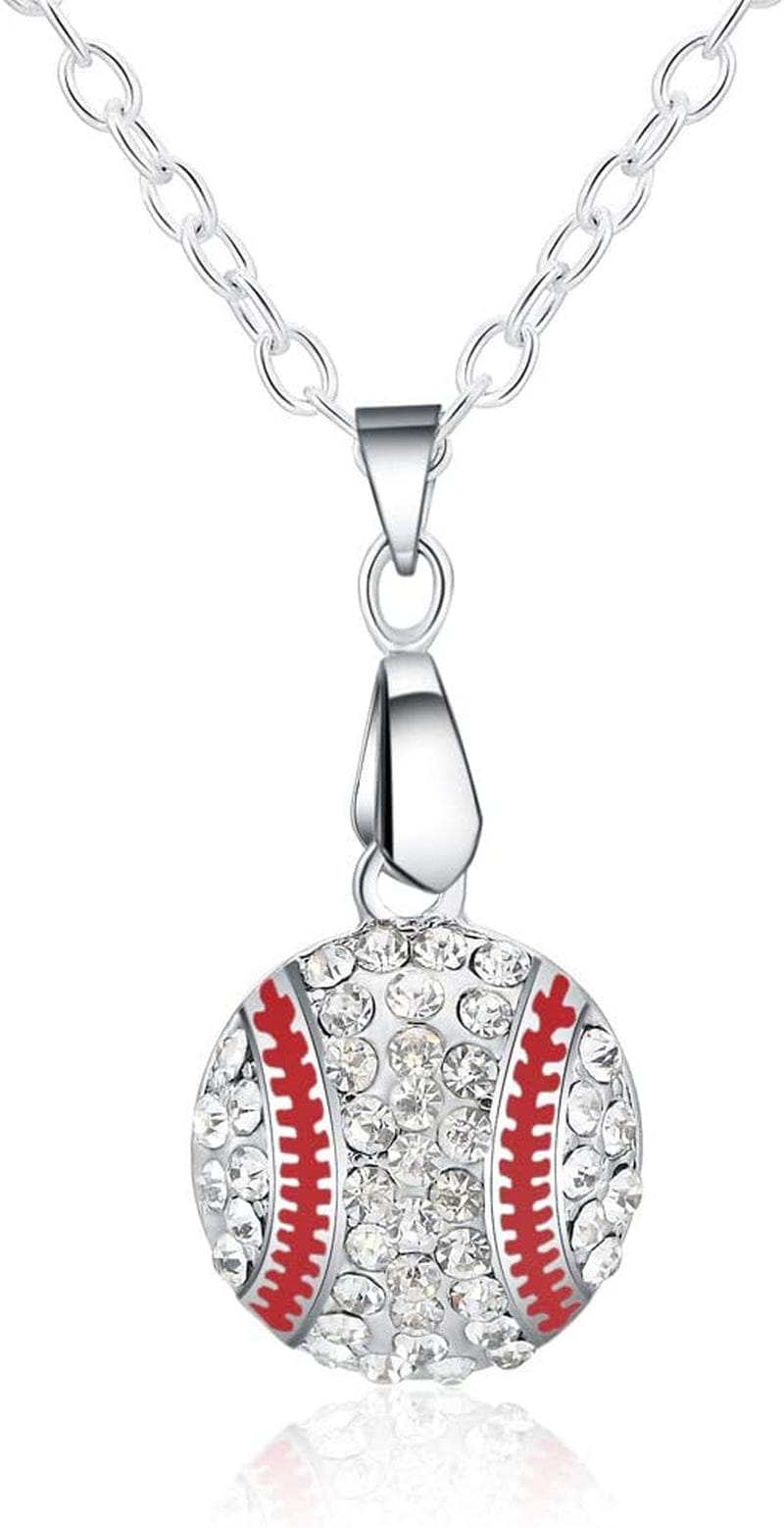 Baseball Pendant Necklace & Dangle Earrings Jewelry Set Sport Clear Crystal Fashion Jewelry (Silver Earrings+Necklace)