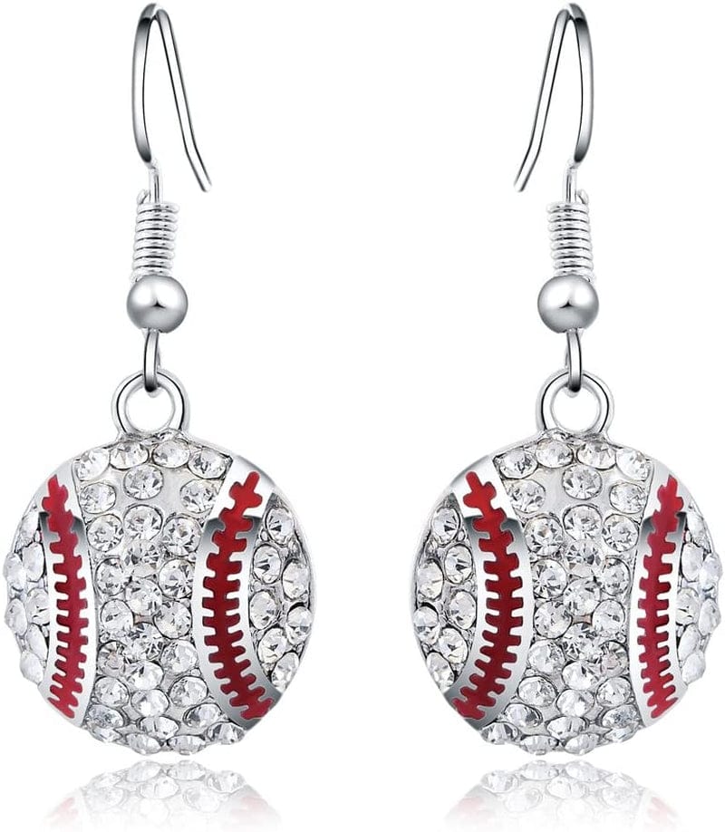 Baseball Pendant Necklace & Dangle Earrings Jewelry Set Sport Clear Crystal Fashion Jewelry (Silver Earrings+Necklace)