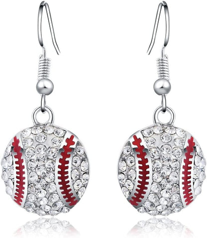 Baseball Pendant Necklace & Dangle Earrings Jewelry Set Sport Clear Crystal Fashion Jewelry (Silver Earrings+Necklace)