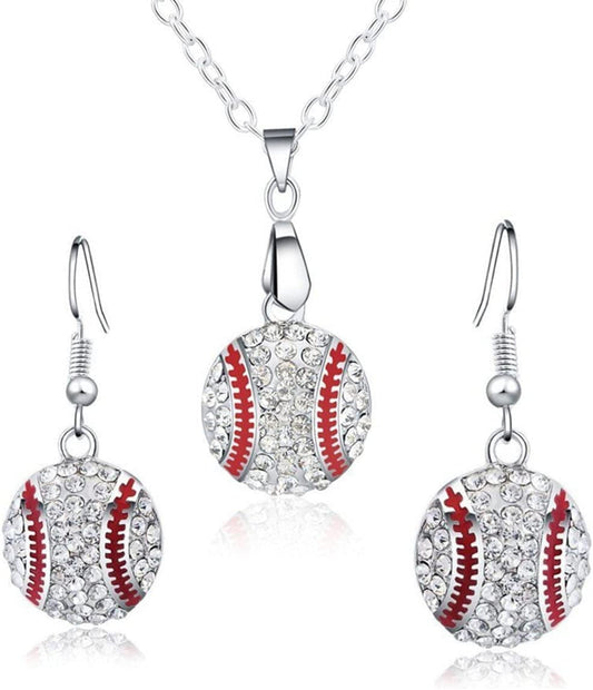Baseball Pendant Necklace & Dangle Earrings Jewelry Set Sport Clear Crystal Fashion Jewelry (Silver Earrings+Necklace) Silver earrings+necklace