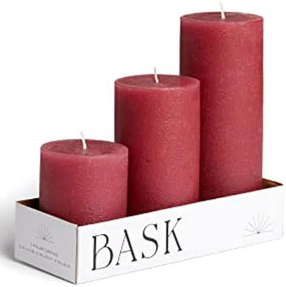 BASK Mottled Pillar Candles - Unscented White Pillar Candles Set of 3 - Dripless Large Candles Pillar - Smokeless White Pillar Candles for All Occasions Burgundy