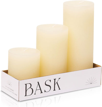 BASK Mottled Pillar Candles - Unscented White Pillar Candles Set of 3 - Dripless Large Candles Pillar - Smokeless White Pillar Candles for All Occasions Ivory