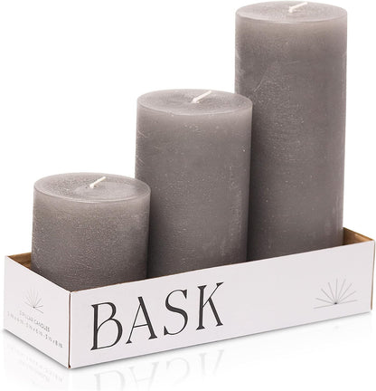 BASK Mottled Pillar Candles - Unscented White Pillar Candles Set of 3 - Dripless Large Candles Pillar - Smokeless White Pillar Candles for All Occasions Cool Grey