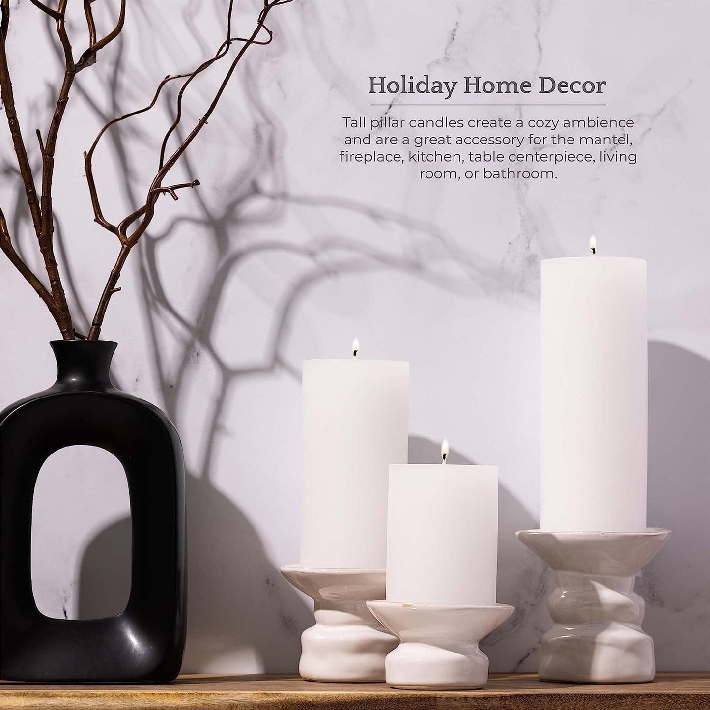 BASK Mottled Pillar Candles - Unscented White Pillar Candles Set of 3 - Dripless Large Candles Pillar - Smokeless White Pillar Candles for All Occasions
