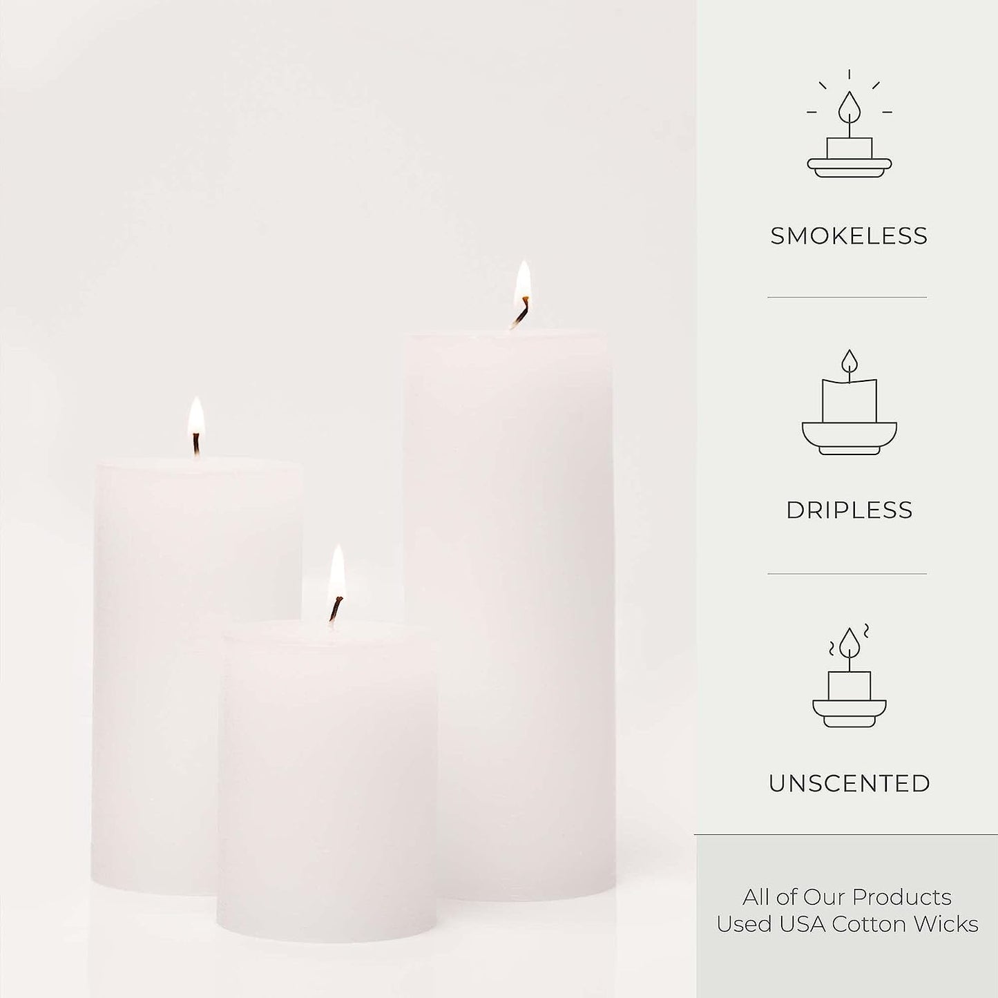 BASK Mottled Pillar Candles - Unscented White Pillar Candles Set of 3 - Dripless Large Candles Pillar - Smokeless White Pillar Candles for All Occasions