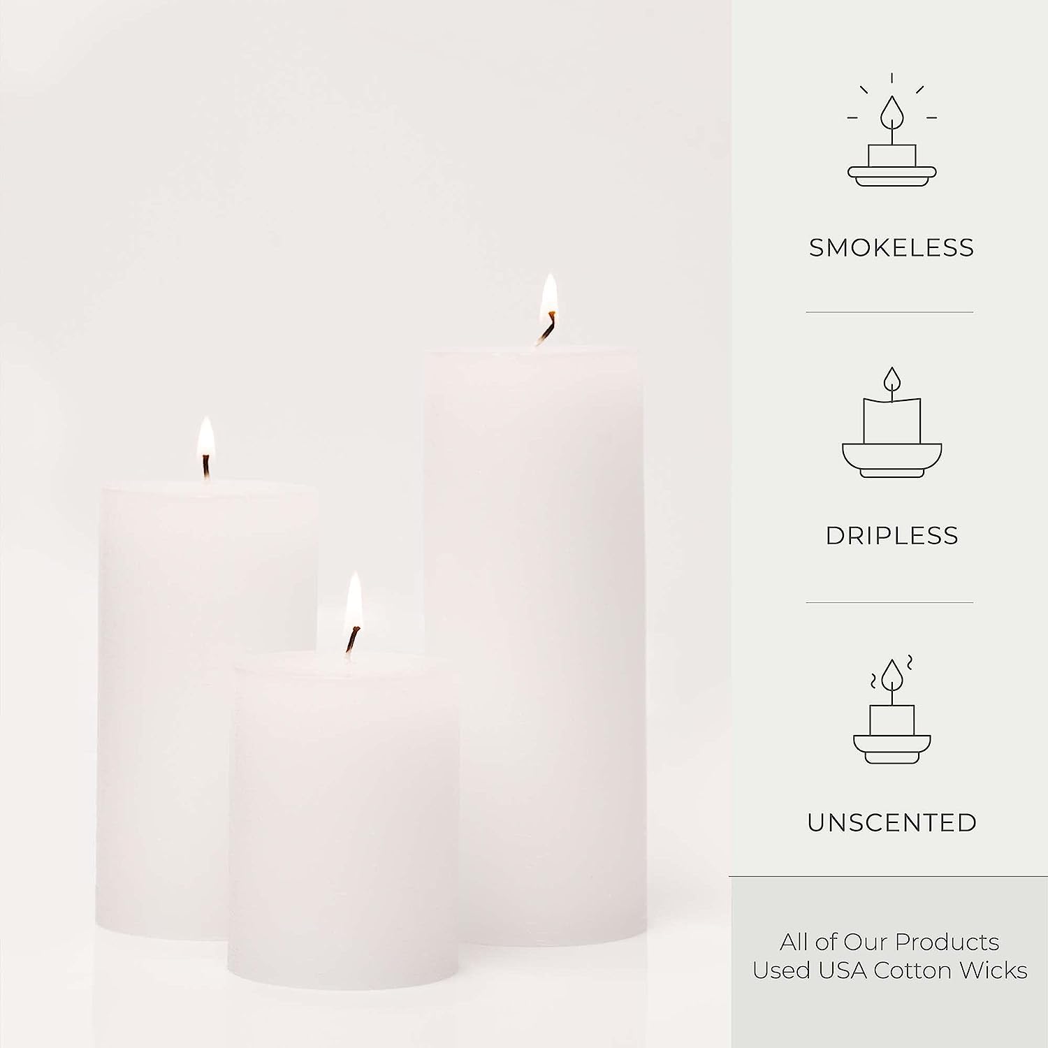 BASK Mottled Pillar Candles - Unscented White Pillar Candles Set of 3 - Dripless Large Candles Pillar - Smokeless White Pillar Candles for All Occasions
