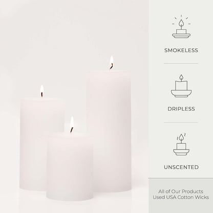 BASK Mottled Pillar Candles - Unscented White Pillar Candles Set of 3 - Dripless Large Candles Pillar - Smokeless White Pillar Candles for All Occasions
