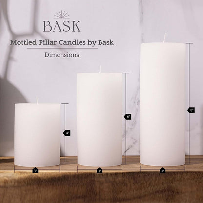 BASK Mottled Pillar Candles - Unscented White Pillar Candles Set of 3 - Dripless Large Candles Pillar - Smokeless White Pillar Candles for All Occasions