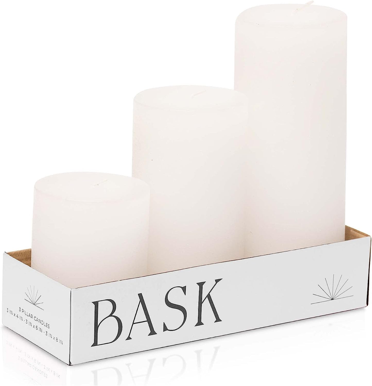 BASK Mottled Pillar Candles - Unscented White Pillar Candles Set of 3 - Dripless Large Candles Pillar - Smokeless White Pillar Candles for All Occasions White