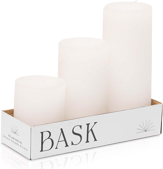 BASK Mottled Pillar Candles - Unscented White Pillar Candles Set of 3 - Dripless Large Candles Pillar - Smokeless White Pillar Candles for All Occasions White