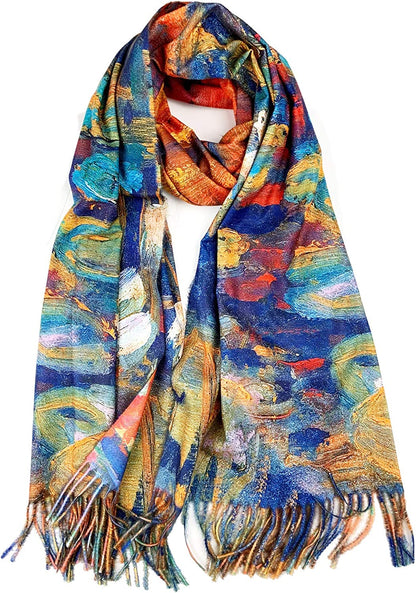 Plum Feathers Super Soft Cashmere Feel Double Sided Reversible Art Shawl Scarf Van Gogh Monet Klimt Inspired Apparel & Accessories > Clothing Accessories > Scarves & Shawls Plum Feathers Abstract Flowers  
