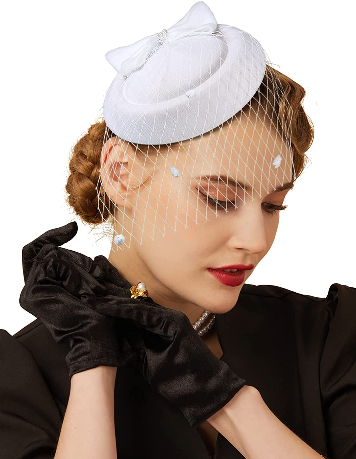 Fascinators Hats 20S 50S Hat Pillbox Hat Cocktail Tea Party Headwear with Veil for Girls and Women Apparel & Accessories > Clothing Accessories > Headwear Cizoe C-white  