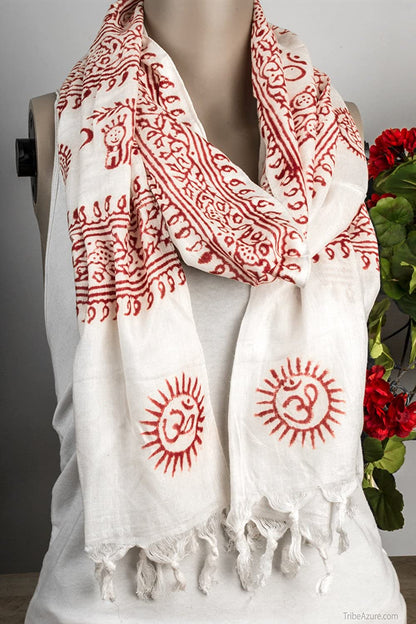 Large Om Scarf Wrap Yoga Soft Cotton Mix Hand Printed Mantra Prayer Boho Bohemian Yoga Yellow White Black & Blue (White) Apparel & Accessories > Clothing Accessories > Scarves & Shawls Tribe Azure Fair Trade   