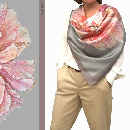 Designer Square Silk Scarf for Women Hand Painted and Printed Grey Shawl with Pink Rose Unique by Edgalart Apparel & Accessories > Clothing Accessories > Scarves & Shawls Generic   
