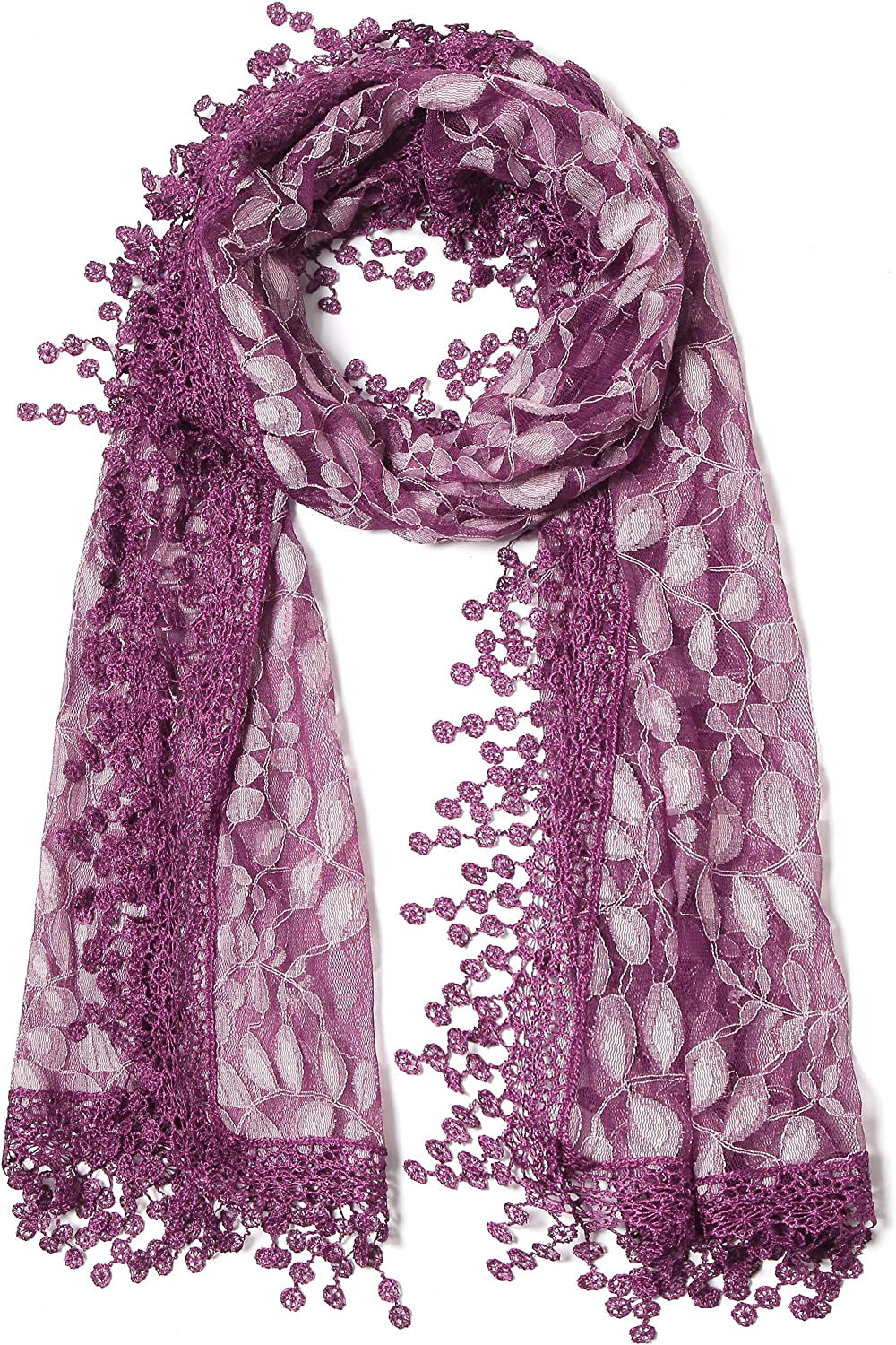 Women'S Lightweight Feminine Lace Teardrop Fringe Lace Scarf Vintage Scarf Mesh Crochet Tassel Cotton Scarf for Women Apparel & Accessories > Clothing Accessories > Scarves & Shawls Tan's Purple 21  