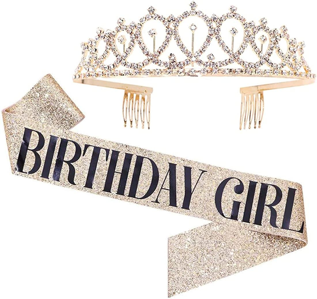 Birthday Girl Tiara and Sash - Birthday Girl Satin Sash Crystal Tiara Birthday Crown Birthday Party Supplies and Decoration Apparel & Accessories > Clothing Accessories > Sashes LATFZ Birthday Girl,golden  