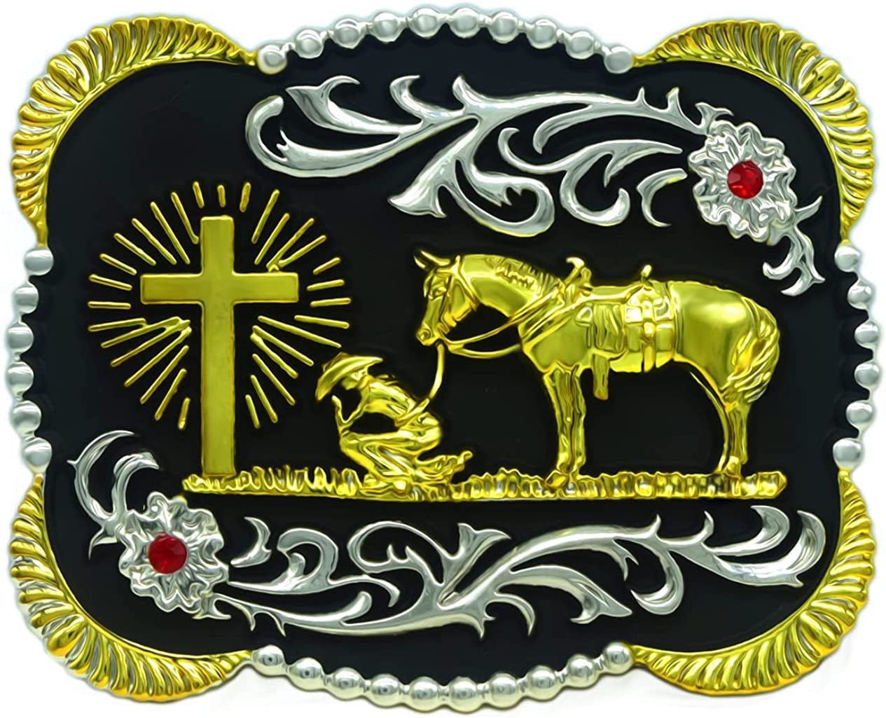 Moranse Religion Cross Cowboy Kneeling Prayer and Horse Design Belt Buckles Apparel & Accessories > Clothing Accessories > Belt Buckles Moranse Flower Golden  