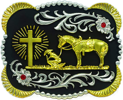 Moranse Religion Cross Cowboy Kneeling Prayer and Horse Design Belt Buckles Apparel & Accessories > Clothing Accessories > Belt Buckles Moranse Flower Golden  
