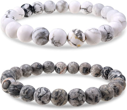 Bivei Natural Gem Semi Precious Reiki Healing Crystals Handmade 8Mm round Beads Stretch Bracelet Apparel & Accessories > Jewelry > Bracelets Bivei #2 PCS SET(Picasso Jasper+White Howlite(Frosted))  