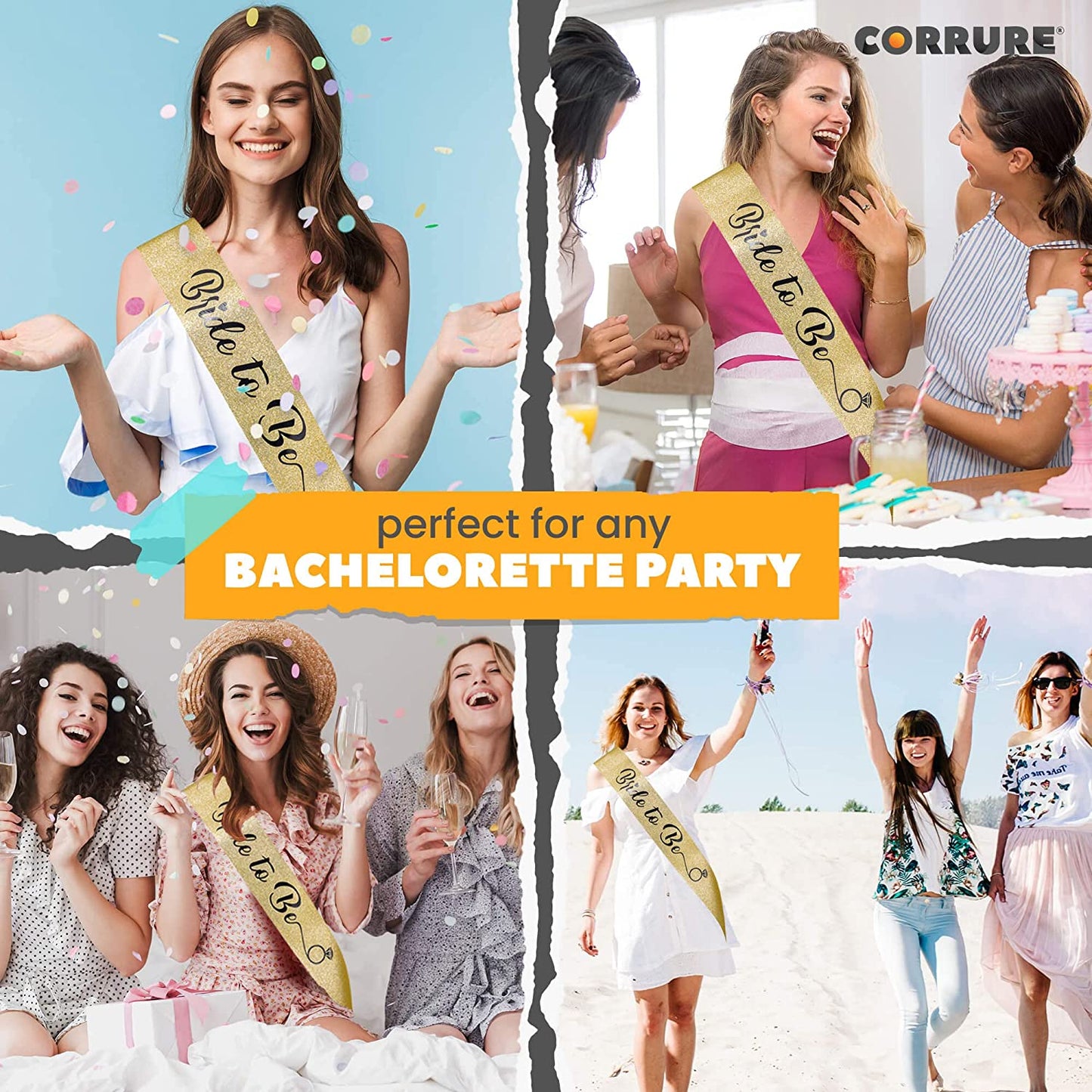 CORRURE 'Bride to Be' Sash for Bachelorette Party - Bridal Shower Gold Glitter Sash with Black Foil Lettering - Hen Party Decorations Supplies Accessories, Wedding Engagement Party Favors Gift Apparel & Accessories > Clothing Accessories > Sashes CORRURE   