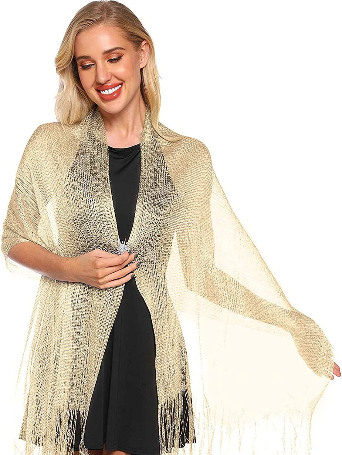 Metallic Shimmering Shawls and Wraps with Snowflake Scarf Clip for Evening Dress Apparel & Accessories > Clothing Accessories > Scarves & Shawls SATINIOR Champagne Gold  