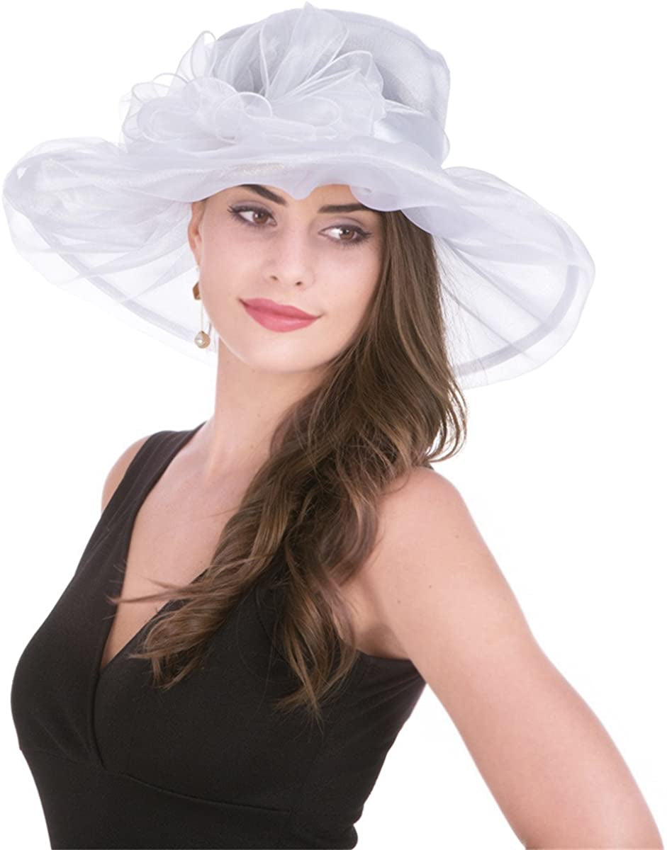 Lucky Leaf Women Kentucky Derby Church Cap Wide Brim Summer Sun Hat for Party Wedding Apparel & Accessories > Clothing Accessories > Headwear Lucky Leaf 1-white  