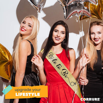 CORRURE 'Bride to Be' Sash for Bachelorette Party - Bridal Shower Gold Glitter Sash with Black Foil Lettering - Hen Party Decorations Supplies Accessories, Wedding Engagement Party Favors Gift Apparel & Accessories > Clothing Accessories > Sashes CORRURE   