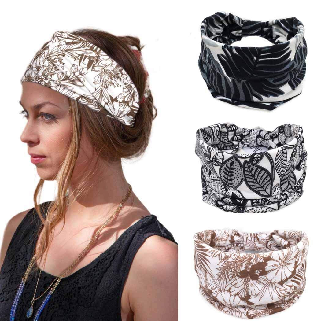 Bohend Boho Headbands Wide Knotted Hair Bands Fashion Printing Bandeau Travel Stretchy Cotton Headband Sport Yoga Hair Accessories for Women and Girls (A) Apparel & Accessories > Clothing Accessories > Bandanas & Headties Bohend E  