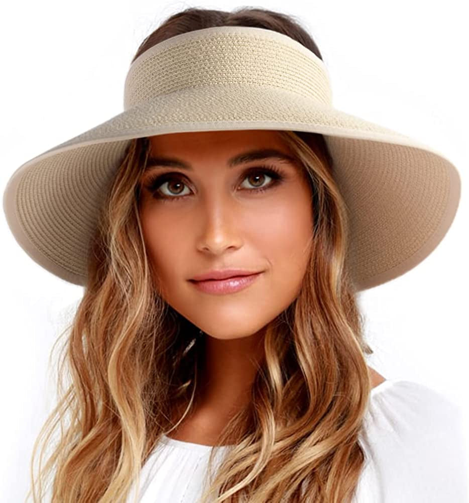 FURTALK Sun Visor Hats for Women Wide Brim Straw Roll up Ponytail Summer Beach Hat UV UPF Packable Foldable Travel Apparel & Accessories > Clothing Accessories > Hats KYLIE MAX 02-pure Beige Medium 