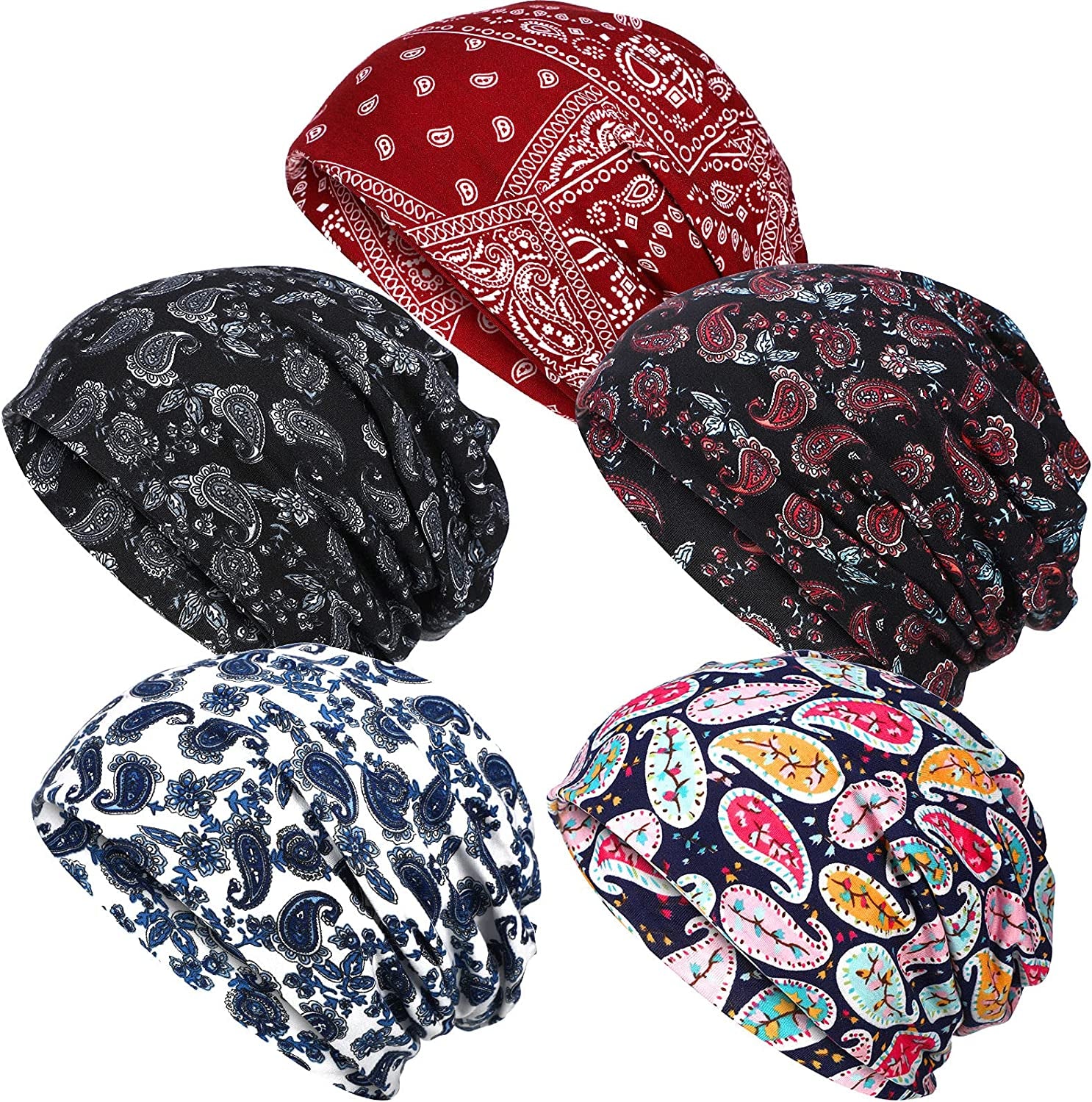 SATINIOR 5 Pieces Women'S Slouchy Beanie Hat Baggy Skull Sleep Cap Turban Headwear Apparel & Accessories > Clothing Accessories > Headwear SATINIOR Cashew Flower Style  