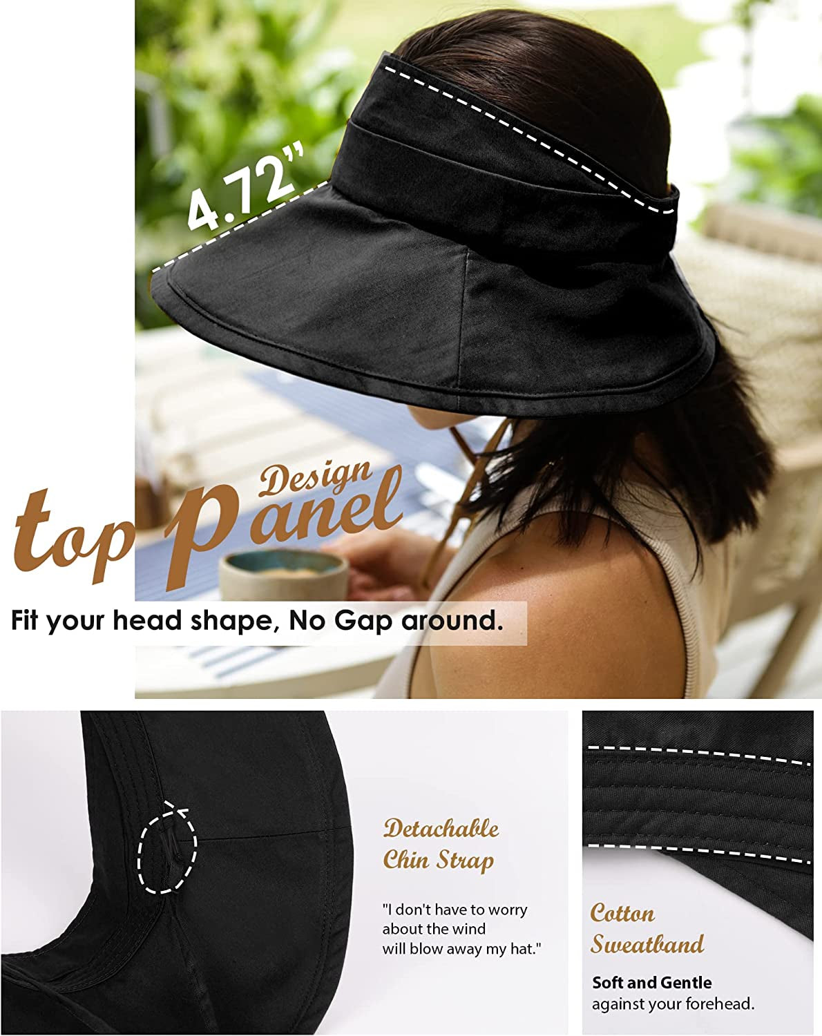 Sun Visors for Women UV Protection Wide Brim Sun Visor Hat Packable Summer Beach Visors for Women Adjustable Black Apparel & Accessories > Clothing Accessories > Hats Hatiis   