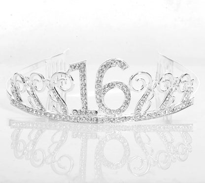 MEANT2TOBE 16Th Birthday Sash and Tiara for Girls - Fabulous Set: Glitter Sash + Floating Heart Rhinestone Silver Premium Metal Tiara, 16Th Birthday Gifts for Sweet 16 Birthday Party Apparel & Accessories > Clothing Accessories > Sashes MEANT2TOBE   