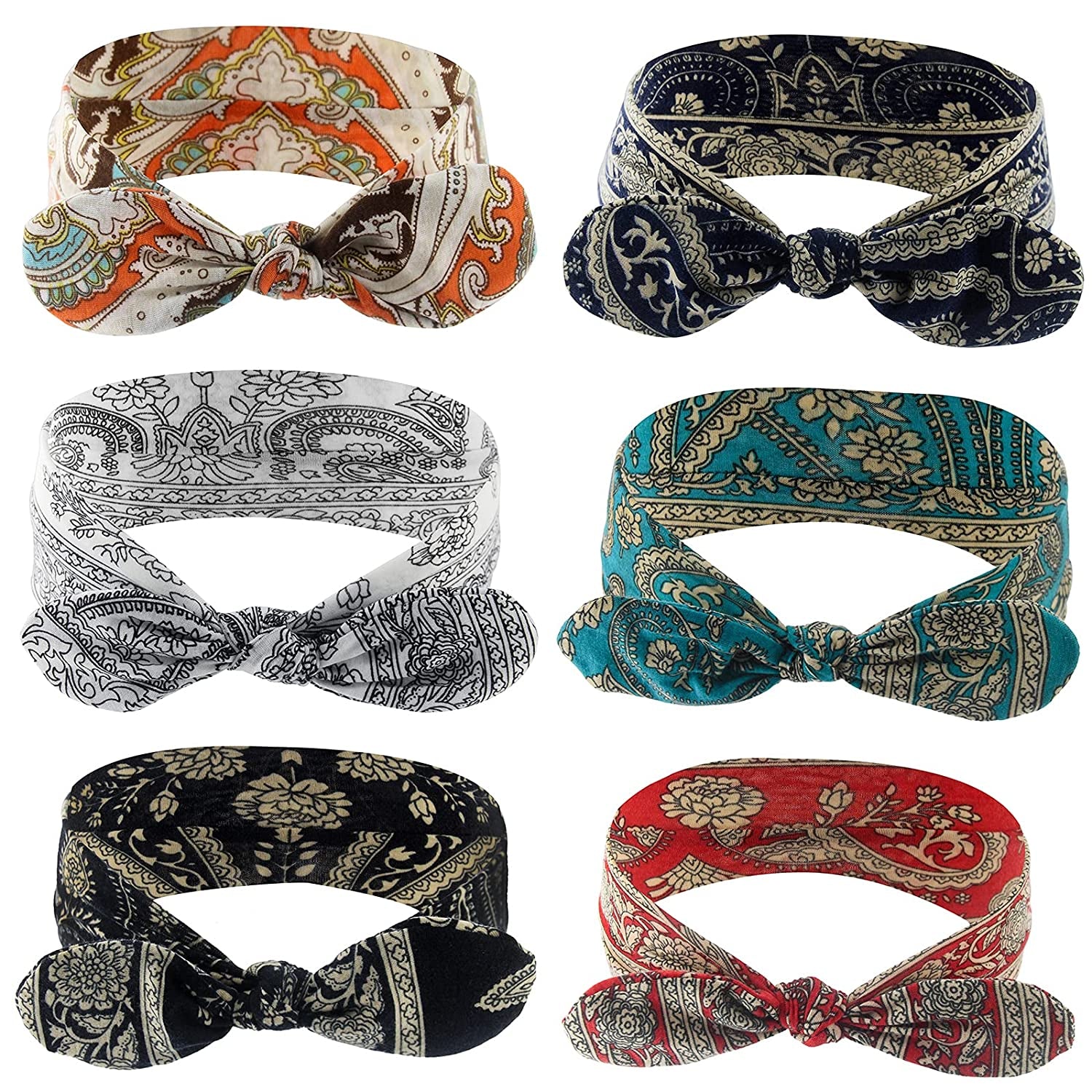 Carede 6 Pack Elastic Paisley Bandana Knot Headbands Rabbit Ear Bow Headband Turban Headwraps Hair Band for Women Girls Apparel & Accessories > Clothing Accessories > Bandanas & Headties Carede No7(mixed 6 Pcs)  