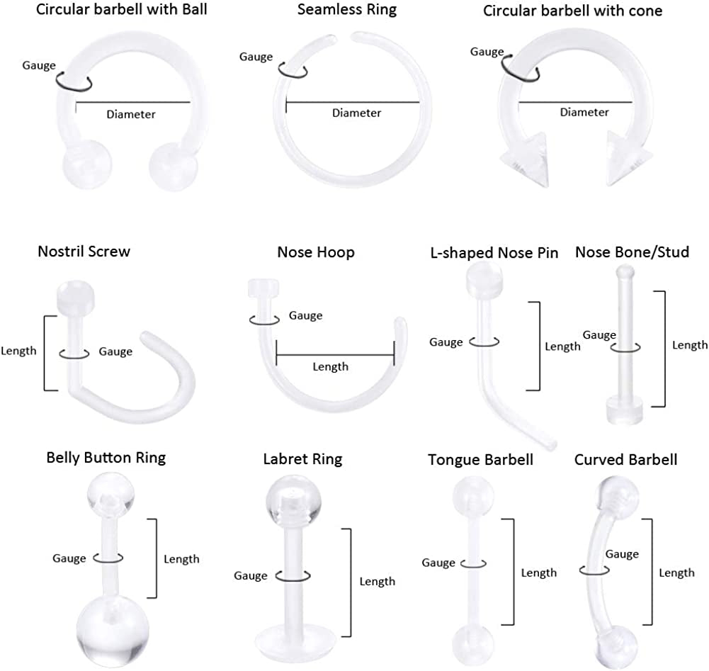 Oveta Clear Piercing Retainers Flexible Bioflex 14G 16G 20G Navel Belly Button Ring Lip Labret Piercings Retainer Eyebrow Tongue Barbells Cartilage Tragus Earrings Retainer 36-90PCS Apparel & Accessories > Jewelry > Body Jewelry Oveta   